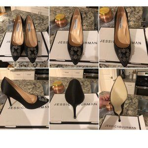 Black Satin Diamond Broach Pumps